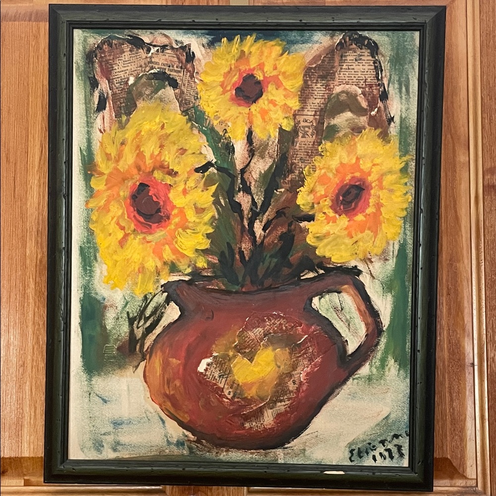Sunflower Art Mixed Media Painting in Dark Green Frame ~ Etienne